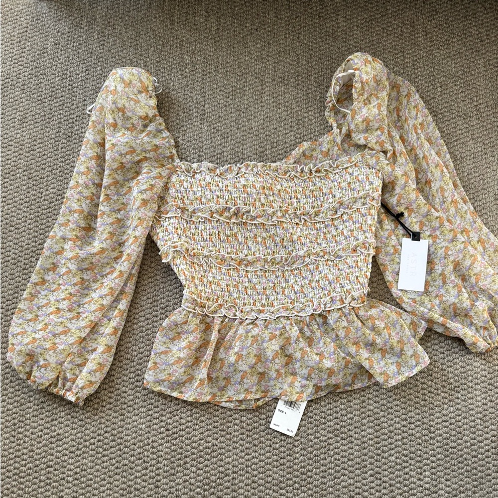 NWT ASTR Floral Smocked Blouse with Peplum Size L Orange Purple Mulitcolor